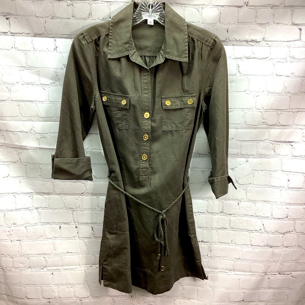 NWOT Calvin Klein Linen Blend Dress‎ Khaki Green Brown Size Small Belted Pockets